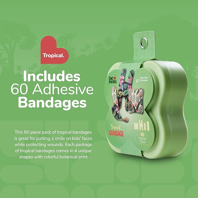 BioSwiss Bandages, Assorted Size Tropical Print Self Adhesive Bandage, Latex Free Sterile Wound Care, First Aid Kit Supplies for Kids and Adults, 60 Count-CubbioJoy