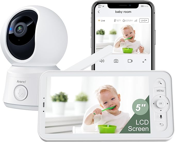 ARENTI Video Baby Monitor with Camera and Audio, 5-inch Smart Baby Camera Monitor with Free Phone App, 1080P, VOX, PTZ, One-Touch Call, Temp Sensor, Lullaby, Night Vision, Auto Tracking, 2-Way Talk-CubbioJoy