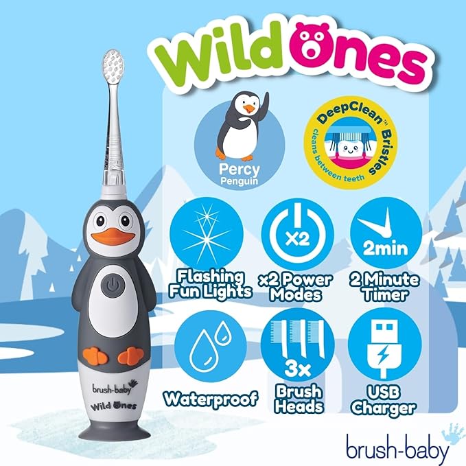 brush-baby WildOnes Kids Electric Rechargeable Toothbrush Penguin, 1 Handle, 3 Brush Heads, USB Charging Cable, for Ages 0-10 (Penguin)-CubbioJoy
