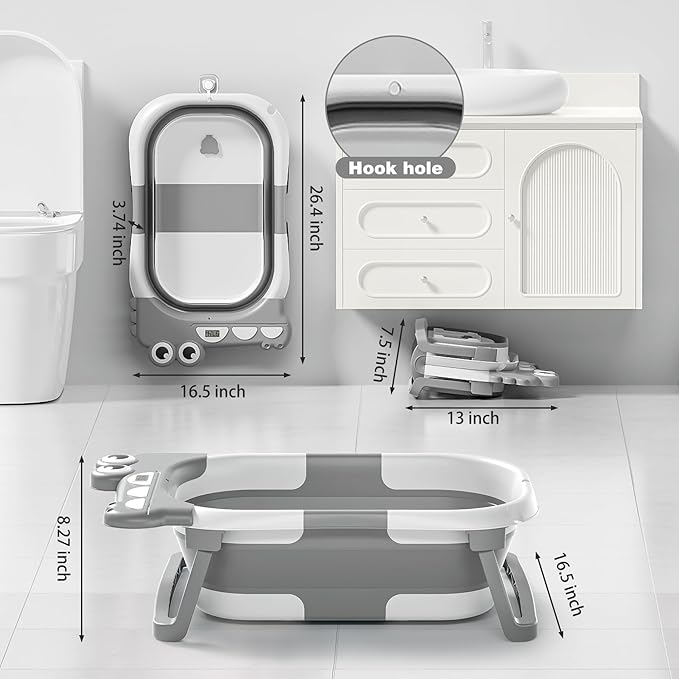 Collapsible Baby Bathtub for Newborn, Foldable Baby Bath Tub with Thermometer & Soft Floating Cushion & Drain Hole, Portable Travel Infant Bath Tubs for Newborns to Toddlers 0-36 Months Boys, Grey-CubbioJoy