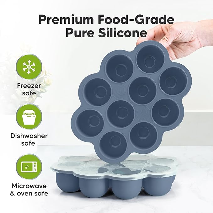 KeaBabies Silicone Food Freezer Trays with Lid, 2oz x 10 Pods Baby Food Storage Containers, Easy Puree Meal Prep, Breast Milk Silicone Freezer Molds, Dishwasher, Microwave Safe, BPA-Free (Slate)-CubbioJoy