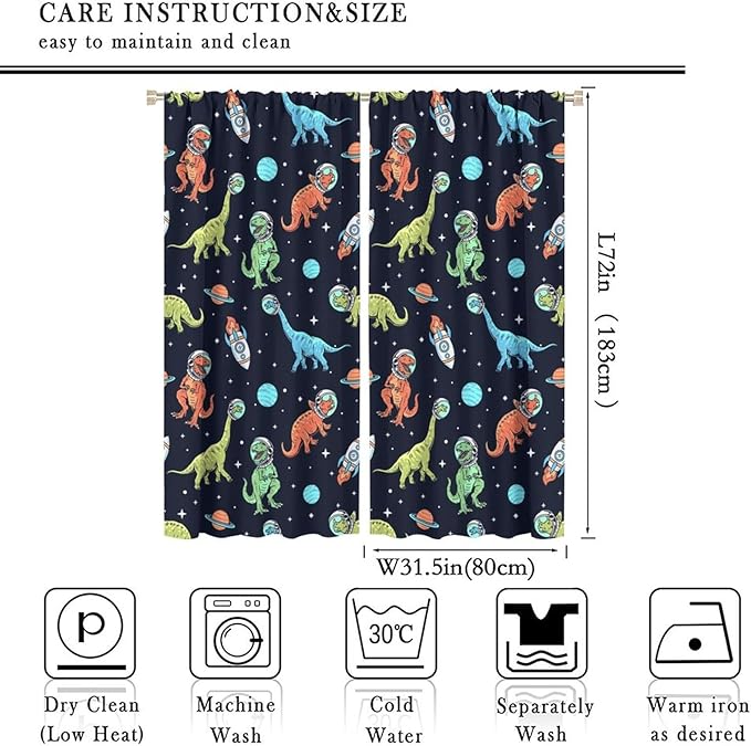 Cartoon Dinosaur Curtains for Kids Boys Girls Home Decor, Astronaut Rocket Funny Outer Space Blackout Rod Pocket Window Drapes for Bedroom Living Room W31.5xL72in 2 Panels-CubbioJoy