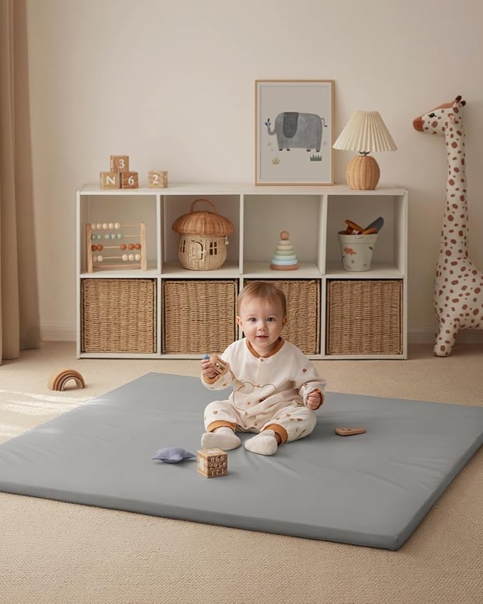 Blissful Diary Vegan Leather Baby Play Mat, 47x47 Thicken Foam Cushioned & Waterproof Playpen Mat for Infants and Toddlers, Stylish and Just Wipe-Clean Playmat for Baby Play on Floor, Light Gray-CubbioJoy