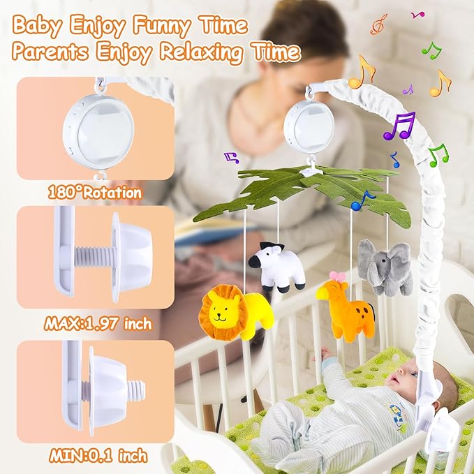 Baby Crib Mobile with Music and Lights, Mobile for Crib with Remote Control, Rotation, Starlight Projection, Crib Toys for Babies Boys Girls(Green)-CubbioJoy