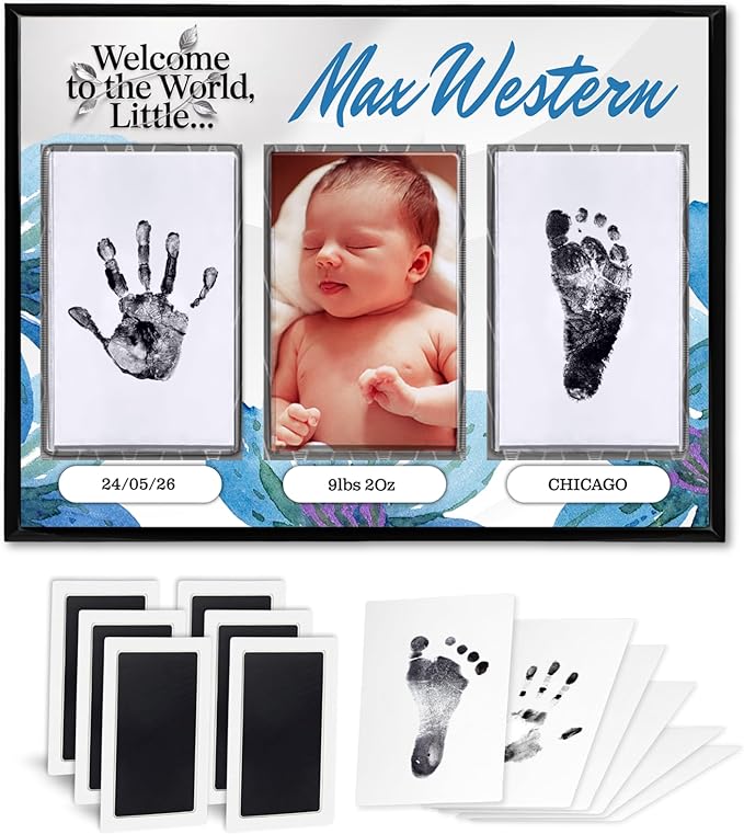 Baby Hand and Footprint Kit with Photo & Birth Details, Inkless Hand and Footprint Kit, Newborn Keepsake Plaque, Baby Shower Gifts (STYLE 1 (Fully Personalized) (Welcome To The World - Baby Boy))-CubbioJoy