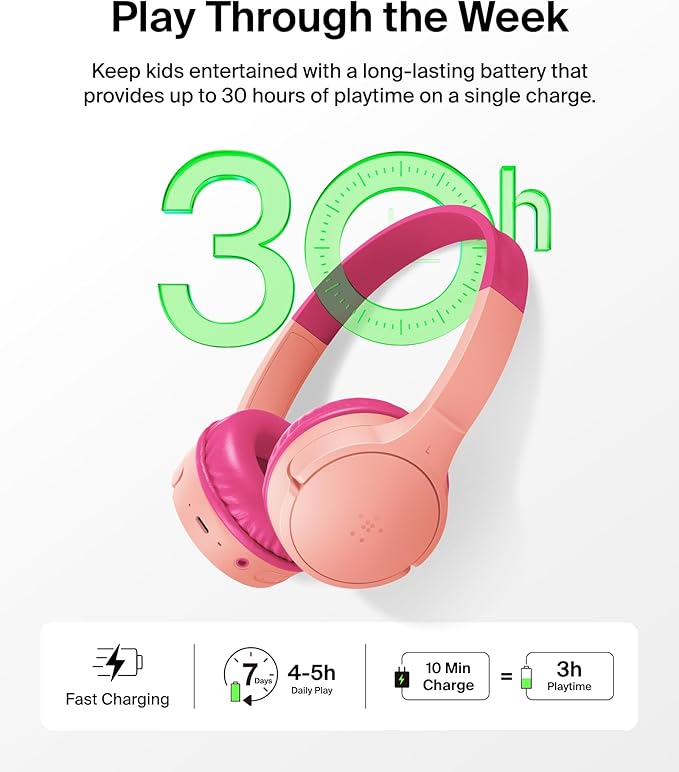 Belkin SoundForm Mini w/Case - Wireless Bluetooth Kids Headphones with 30H Battery Life, 85dB Safe Volume Limit, Built-in Microphone - Kids On-Ear Earphones for iPhone, iPad, & More - Pink-CubbioJoy
