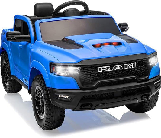 12V Kids Electric Vehicles, Licensed Ram 1500 RHO Kids Ride on Truck with Remote Control, Ride on Car for Children with Smooth Start, Truck Bed Storage, Bluetooth, Aux Port (Blue)-CubbioJoy