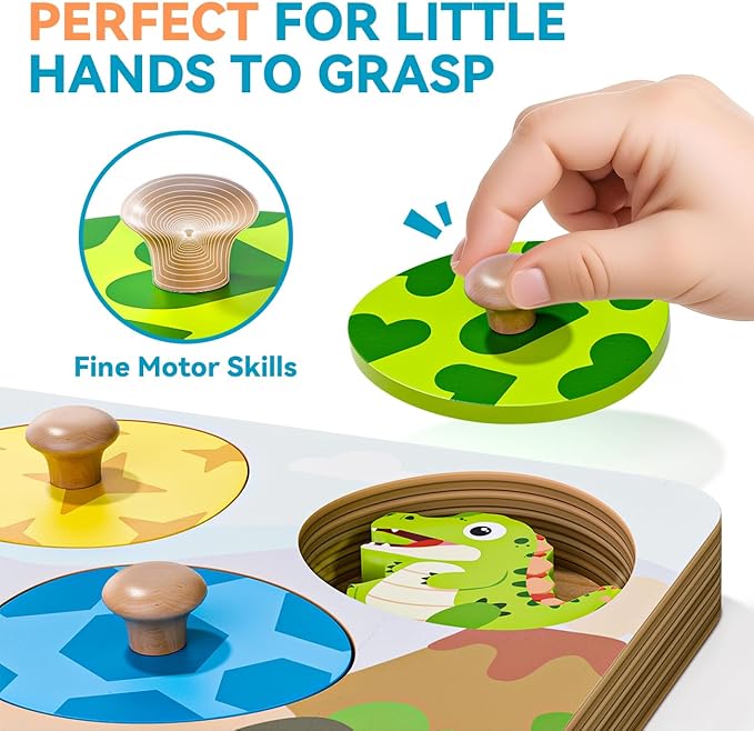 Dinosaur Wooden Puzzles for Toddlers 1-3, Montessori Toys for 1 2 Year Old Boy Birthday Gifts, Dinosaur Matching Eggs Peg Puzzles for Toddlers Age 2-4, Preschool Learning Activities for Girls-CubbioJoy