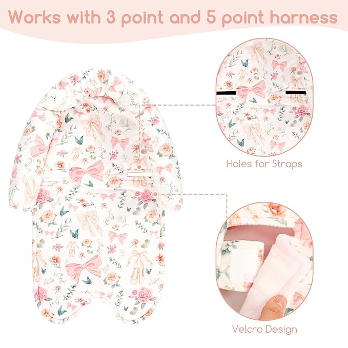 Baby Car Seat Head Support for Newborn, GFU 2 in 1 Infant Car Seat Head Body Support with Strap Pads, Soft Stroller Cushion Pillow Insert for Girls, Fits for Stroller, Swing, Pink Floral-CubbioJoy