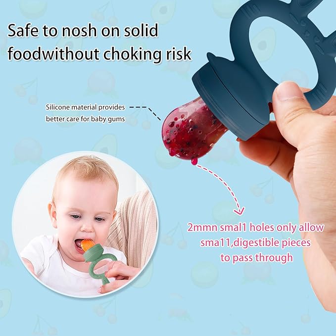 Baby Solids/Frozen Fruit Feeder Pacifier, Infant Teether Toy 4M+, BPA-Free Silicone Pouch & Nipple, Safely Introduce Solids, Teething Relief, 2-Pack - Blue/Green (Rabbit)-CubbioJoy