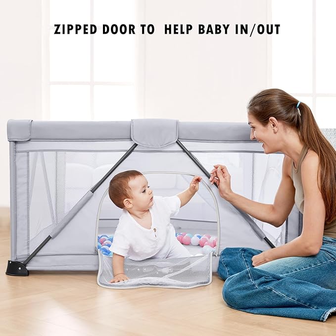 Baby Playpen Foldable, Playard for Babies and Toddlers, Portable Playpen Activity Center with 50 Balls+2 Handles for Travel, Indoor & Outdoor Play Pen with Mesh 50''x50''-CubbioJoy