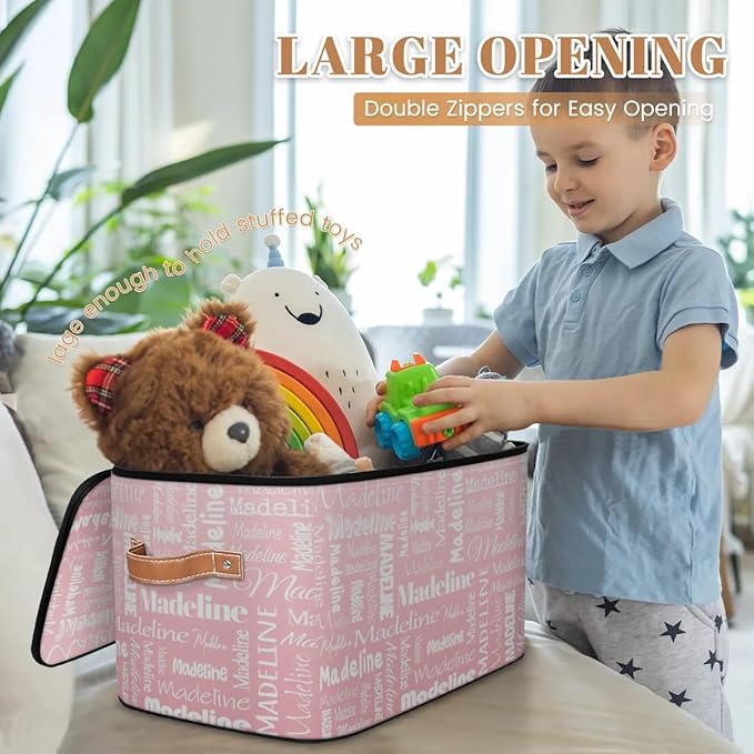 Custom Storage Basket with Name, Personalized Storage Bins with Zipper Lid, Foldable Fabric Storage Box Large capacity with Handle Pink-CubbioJoy