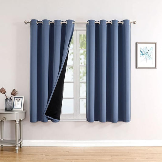 ChrisDowa 100% Blackout Curtains for Bedroom with Black Liner, 2 Thick Layers Total Blackout Thermal Insulated Grommet Window Curtains 2 Panels Set (Stone Blue, 52 x 54 Inch)-CubbioJoy
