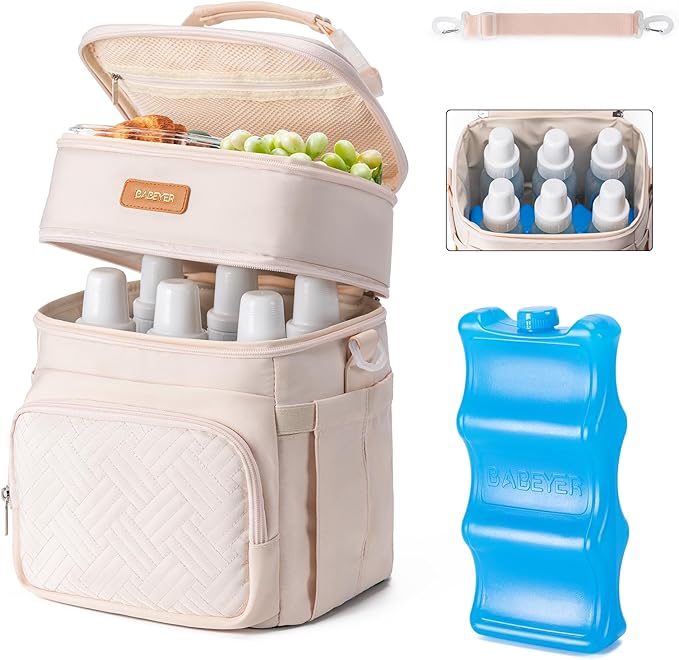 Insulated Breastmilk Cooler Bag with Ice Pack - Holds 6x9oz Bottles, Leakproof Double Layer, Adjustable Strap for Nursing Moms, Daycare & Travel,Pearl White-CubbioJoy