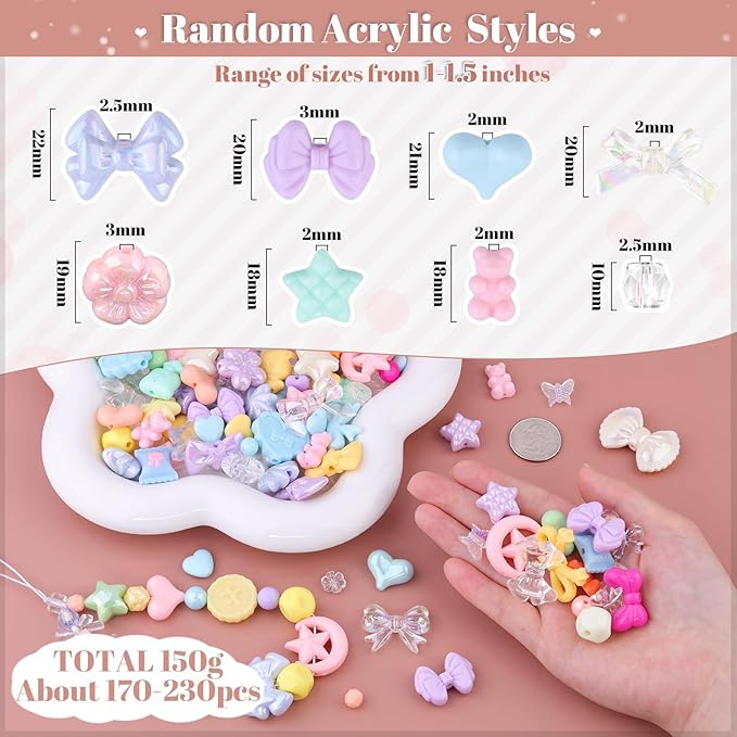 Assorted 170-230PCS Macaroon Color Acrylic Beads For Bracelet Making, Bow Butterfly Candy GummyBear Aesthetic Bracelet Charms,Cute Beads For Jewelry Making DIY Necklace Keychain Phone Charm-CubbioJoy