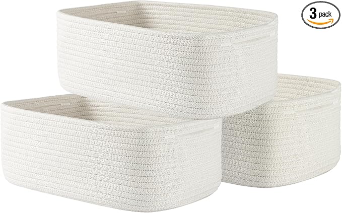 KALLAX Small Woven Basket, 13.5 x 9.5 x 5 Inches, Storage Basket for Organizing, Cute Small Rope Shelf Closet Cube Storage Bins Baskets for Shelves, Dog Toy Gift Baskets Empty, 3 Packs, Off White-CubbioJoy