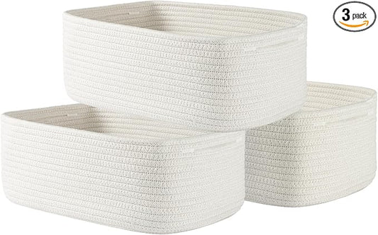 KALLAX Small Woven Basket, 13.5 x 9.5 x 5 Inches, Storage Basket for Organizing, Cute Small Rope Shelf Closet Cube Storage Bins Baskets for Shelves, Dog Toy Gift Baskets Empty, 3 Packs, Off White-CubbioJoy