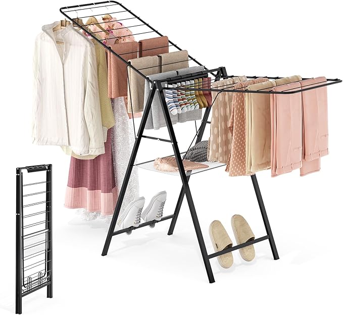APEXCHASER Clothes Drying Rack Foldable, Metal Laundry Drying Rack with Height Adjustable Rails, Ultra Thin Drying Rack Clothing Towel Sweater Shoe for Indoor Outdoor, Gullwing Clothes Airer, Black-CubbioJoy