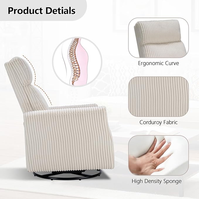 CANMOV Swivel Rocker Chair for Nursery, Swivel Accent Chair with High Back and Arms, Corduroy Glider Chair for Living Room Bedroom Nursery, Beige-CubbioJoy