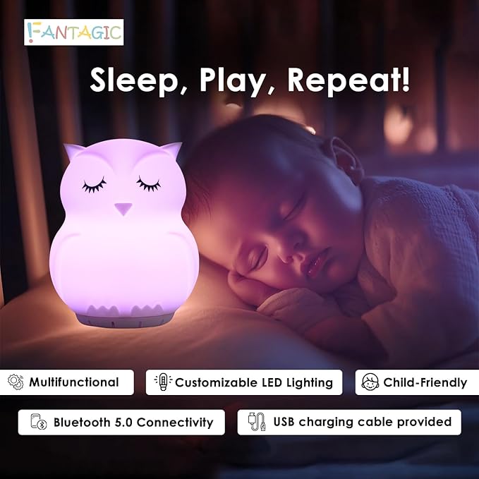 Combined Bluetooth Speaker & Nightlight With 9 Color Emissions, Child Friendly Silicone & BPA Free, USB Recharging, Receives Audio From Computer, Phone Or Tablet, and includes Remote Control (Owl)-CubbioJoy
