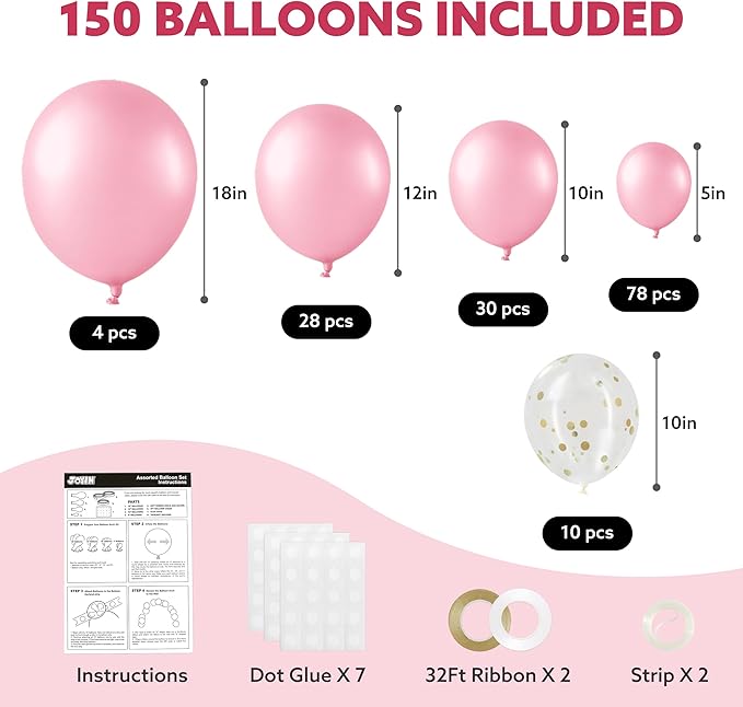 JOYIN 150 Pcs Pastel Pink Balloons, Different Sizes 18 12 10 5 Inch Pastel Pink Latex Balloon Arch Kit with Instruction for Birthday Decoration Party Graduation Wedding Holiday-CubbioJoy