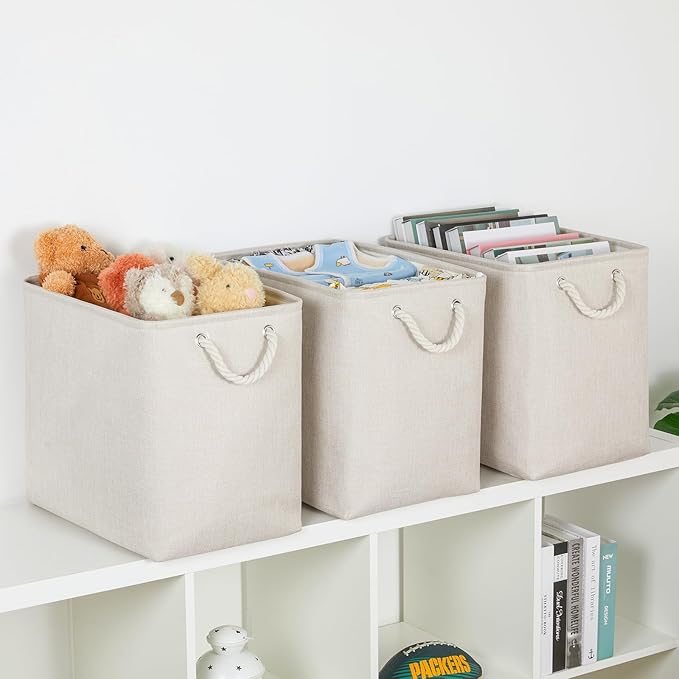 Bidtakay Extra Large Storage Baskets for Organizing Clothes Storage Bins 3 Pack Fabric Storage Bins for Shelves Linen Collapsible Organizer for Closet-Light Biege-CubbioJoy