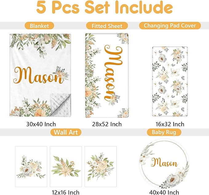 Custom Baby Crib Set - 5 Pcs Personalized Name Flowers Crib Bedding Set for Infants Toddlers - Soft Double Layer Nursery Bedding Set for Girls Boys - Customized Gifts for Baby Shower Birthday-CubbioJoy