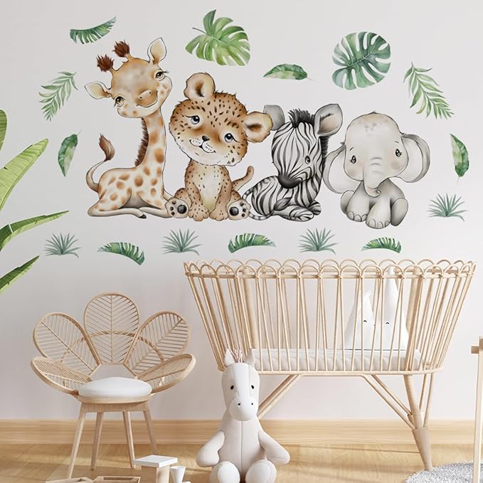 44.88 x22.98 Inch Watercolor Jungle Animal Wall Decals - Tiger, Elephant, Zebra Peel & Stick Wall Art Stickers for Baby Nursery, Playroom, Bedroom, Classroom & Kindergarten Decor-CubbioJoy