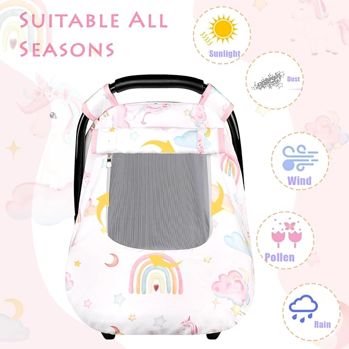 Baby Carseat Cover Girls, Pea Pod Unicorn Infant Car Seat Covers Canopy for Newborn with 2 Layers Windows of Breathable Mesh/Fabric, Lightweight Polyester/Minky Dot Backing, Snug Fit-CubbioJoy