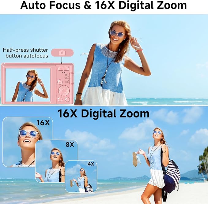 Digital Camera, FHD 4K 44MP Digital Camera, 16X Digital Zoom, Digital Point and Shoot Camera with 3-LED Fill Lights, 64GB SD Card, Compact Camera for Kids Teen Boys Girls, Pink-CubbioJoy