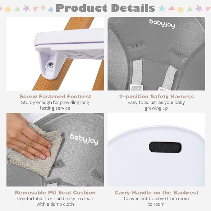 BABY JOY Convertible Baby High Chair, 3 in 1 Highchair w/Adjustable Legs, Dishwasher Safe Tray, Detachable PU Cushion, Footrest, 5-Point Harness for Babies Infants Toddlers (Gray)-CubbioJoy