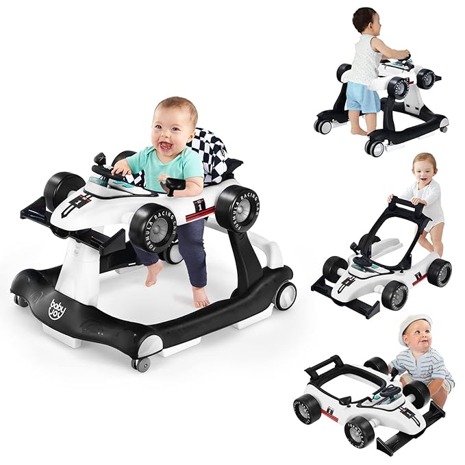 BABY JOY 4-in-1 Baby Walker, Foldable Activity Walker with Adjustable Height & Speed, Music, Lights, Anti-Rollover, Toddler Push Walker, Baby Walker with Wheels for Boys Girls 6-18 Months (White)-CubbioJoy
