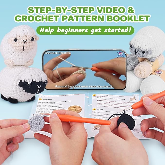 Crochet Kit for Beginners, Crochet Starter Kit with Step-by-Step Video Tutorials, Amigurumi Crochet DIY Knitting Supplies for Adults Kids, 3-Pack Little Lambs (40%+ Yarn)-CubbioJoy