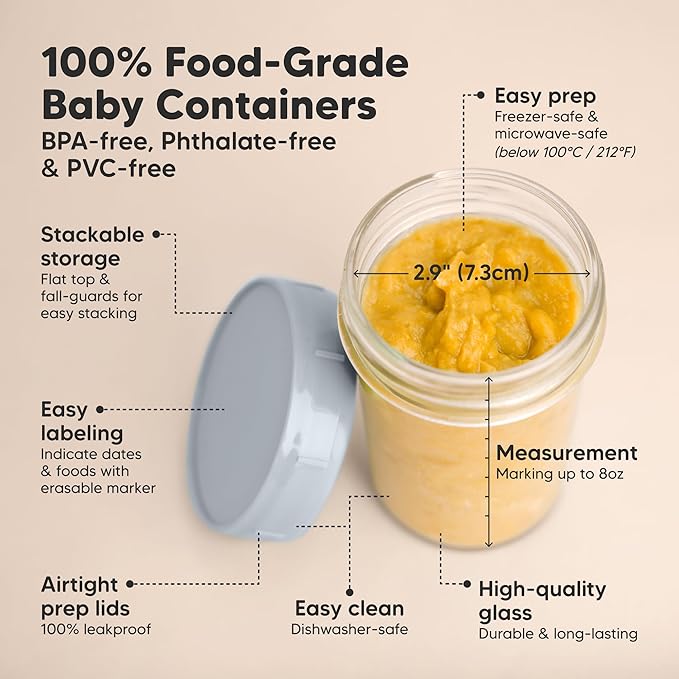 KeaBabies 4pk 8oz Glass Baby Food Containers with Lids - Leak-Proof, Microwavable Small Glass Jars, Baby Purees & Toddler Snack Storage Containers, BPA-Free, Dishwasher & Freezer Safe (Slate)-CubbioJoy