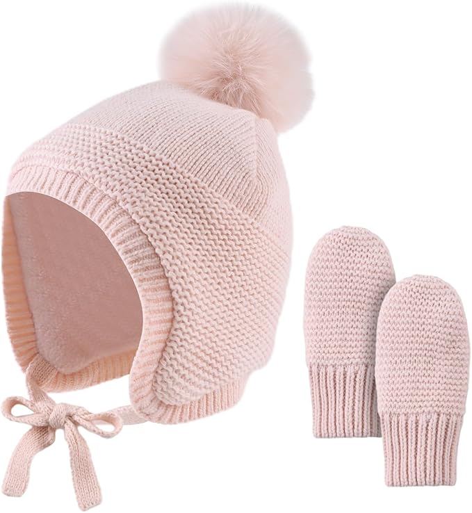 Basic Winter Baby Beanie Gloves Boys Girls Knitted Hat Pompom Kids Earflap Hats Warm Infant Toddler Beanie Mittens Set-CubbioJoy