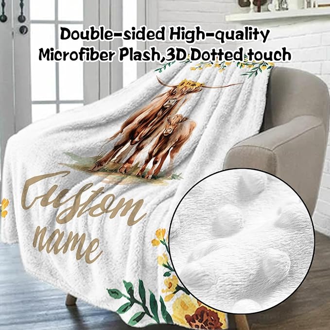 Custom Nursery Crib Bedding Set: Personalized Name 4 Piece Yellow Highland Cattle Design Baby Crib Sets for Girls - Toddler Double Layer Blanket Set, Comfortable Crib Bed Sheets for Baby Toddlers-CubbioJoy