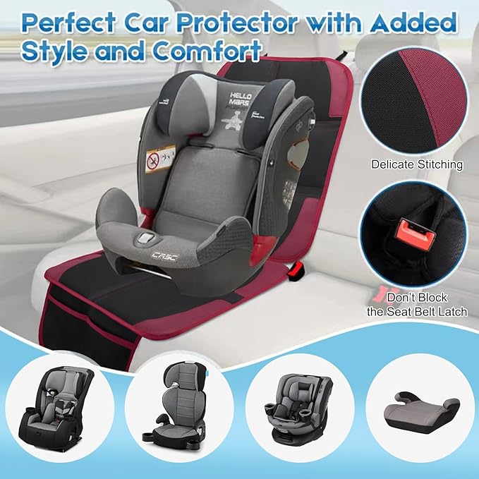 Car Seat Protector for Child, 2 Pack With Mesh Pockets & Non-Slip Backing 600D Durable Under Baby Seat Cover for Back Seat (Burgundy, Standard)-CubbioJoy