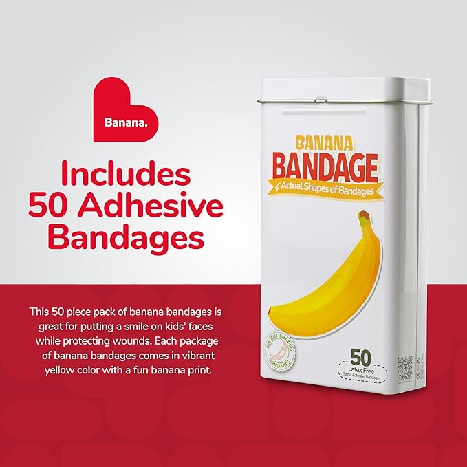 BioSwiss Bandages, Banana Shaped Self Adhesive Bandage, Latex Free Sterile Wound Care, Fun First Aid Kit Supplies for Kids, 50 Count-CubbioJoy