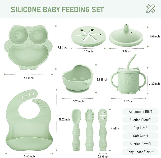 Baby Weaning Set, Silicone Feeding Set(10 Pcs), Toddler Set with Adjustable Bib, Suction Bowl, Plate, Fork, Spoon, Water & Snack Cup Kit, Led Kit for Babies, and Kids Green GJTZ-04-CubbioJoy