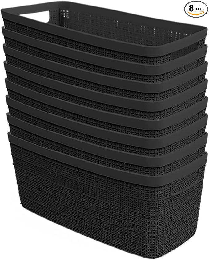 Curver Set of 8 Jute Slim Decorative Plastic Organization and Storage Baskets, Perfect Bins for Home Office, Closet Shelves, Kitchen Pantry and All Bedroom Essentials, Black-CubbioJoy