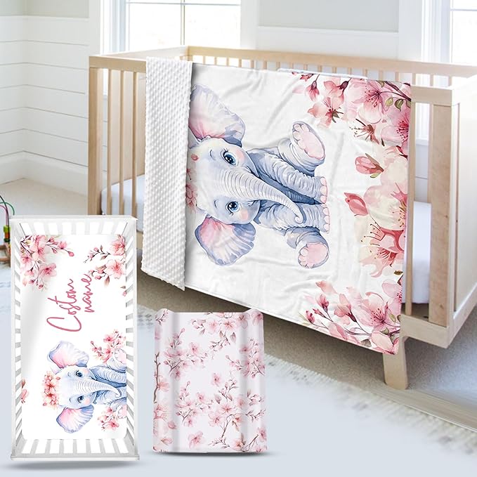 Custom Name Crib Bedding Set - Elephant Theme, Personalized Pink Flower Pattern Nursery Bedding 3-Piece Set– Soft Blanket, Fitted Sheet, Changing Pad Cover – for Newborns Girls Nursery Gifts-CubbioJoy