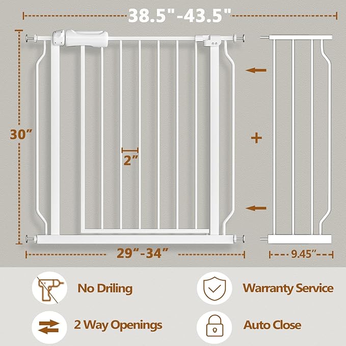 Baby Gate for Doorways Stairs Hallway 38.5 to 43.5 Inch Wide, Walk Through Child Gates with Pressure Mounted Extention Kit, Indoor Safety Child Gates for Kids or Pets-CubbioJoy
