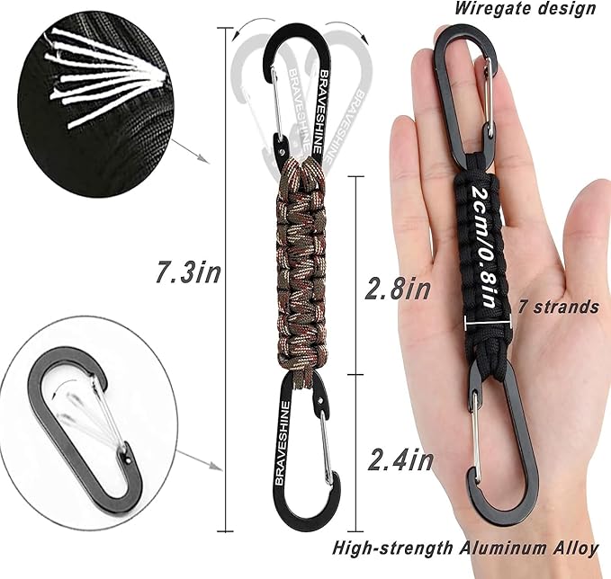 BRAVESHINE Paracord Keychain Carabiner Clip, D Ring Lanyard Hanger Stroller Hook for Water Bottle, Key, Backpacks, Men, Women-CubbioJoy