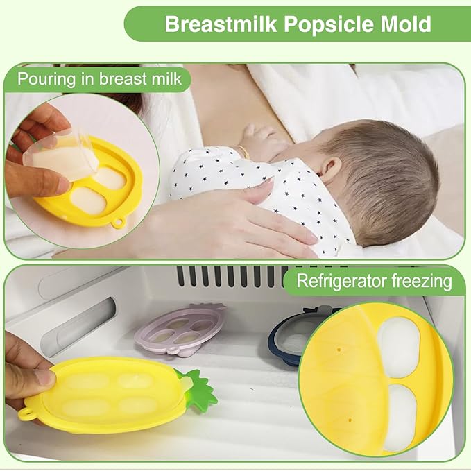 Baby Fruit Food Feeder - Silicone Nibble Tray Combo - Breastmilk Popsicle Mold for Cooling Relief, BPA Free Mesh Feeder for Infant Self Feeding (Monkey Mint + Pineapple)-CubbioJoy