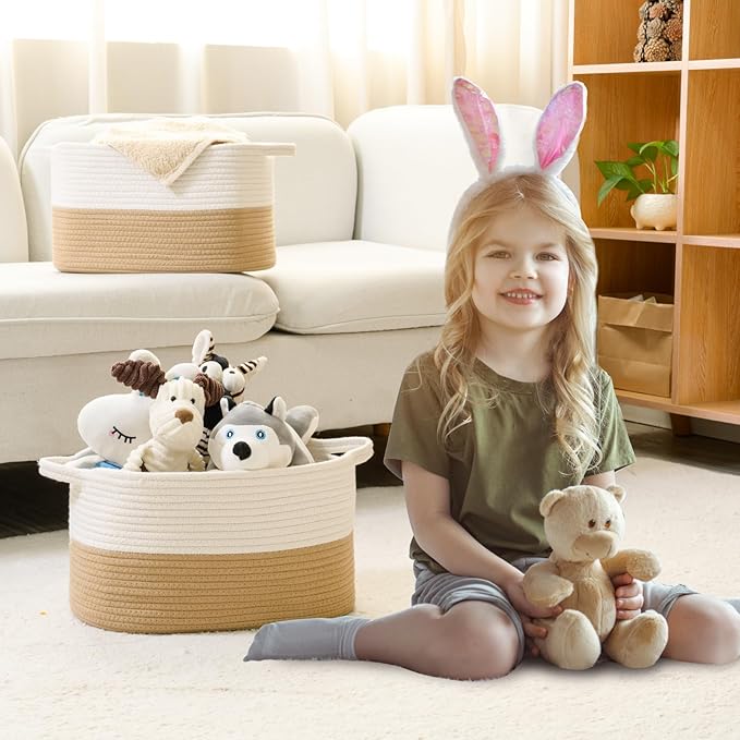 Cotton Rope Woven Storage Basket, Used for Baby Hamper Toy Organizer, Gift Baskets Empty,Kids Laundry Basket,Baby Blanket Storage. Size 15x10x8.7 Inches. (White&Khaki-3PCS)-CubbioJoy