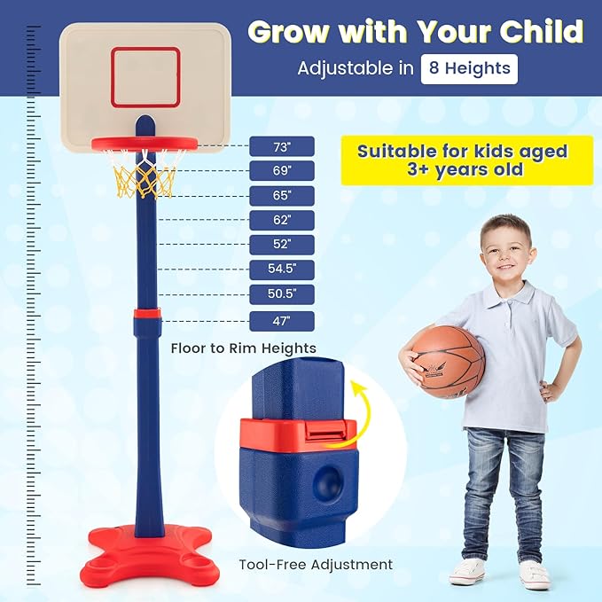Costzon Kids Basketball Hoop, 8-Level Height Adjustable Basketball Goal Stand with Weighted Base, Indoor Toy Basketball Set Outdoor Play Sport for Boys Girls Age 3+-CubbioJoy