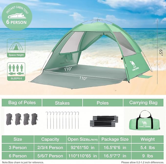 CAMEL CROWN Beach Tent UPF 50+ Sun Shelter for 2/3/5/6 Person, Lightweight Portable Sun Shade with Sand Anchor, Family Beach Day & Outdoor Adventures-CubbioJoy