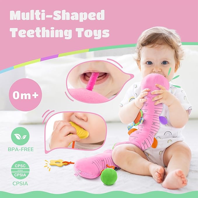 Baby Toys 6-12 Months Music Caterpillar Infant Toys Stuffed Animals 0-3-6 Months Teething Tummy Time Sensory Toys with Mirror Rattle&Pull String for Boys Girls Birthday Gifts|Candy Pink,Leafy-CubbioJoy