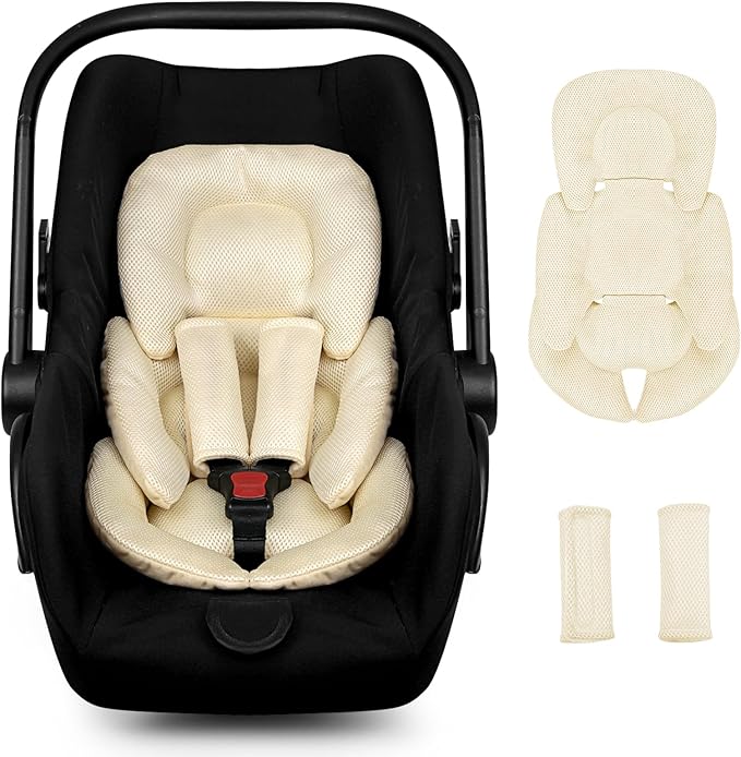 Infant Car Seat Insert for Newborn Girls Boys, Summer Mesh Baby Carseat Head Support with Strap Pads, Soft Reversible Baby Car Seat Insert Cushion Pad for Car Seat, Stroller, Bouncer, Swing, Beige-CubbioJoy