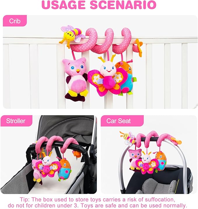 Jollybaby Baby Car Seat Stroller Toys, Plush Activity Hanging Spiral Activity Pram Crib with Music Box, Rattles, Squeaker for Babies Infant Boys Girls(Pink)-CubbioJoy